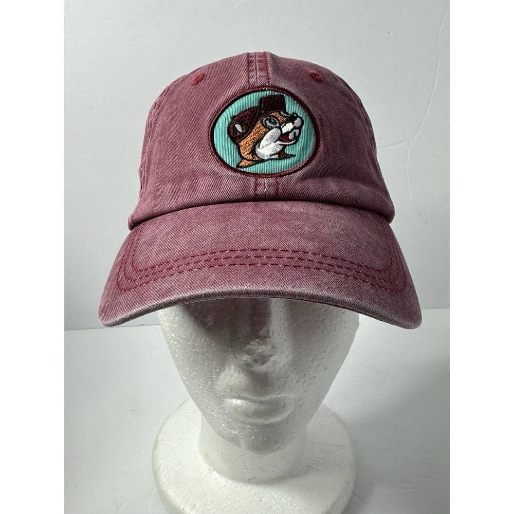 BUCEES HEATHER RED BASEBALL CAP LEATHER ADJUSTABLE SLIDE BACK STRAP 100% COTTON